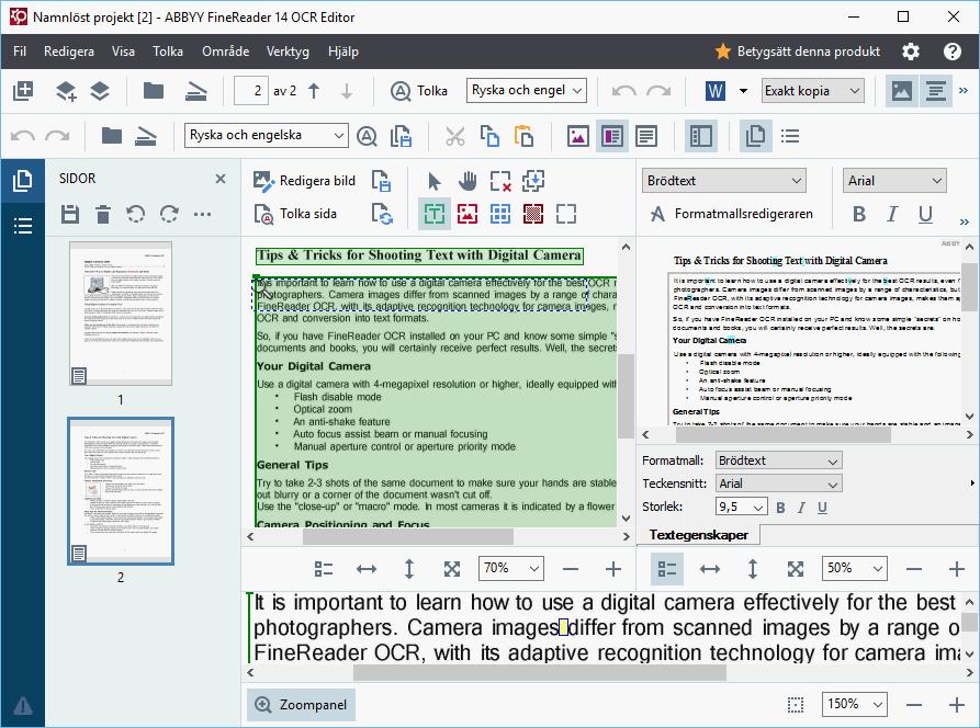 Gränssnitt för OCR-redigerare OCR-redigerarfönstret visar ditt nuvarande OCR-projekt. För mer information om hur man arbetar med OCR-projekt, se OCR-projekt 108.