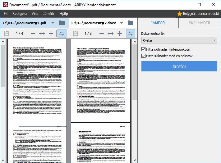 Huvudfönstret När du startar 169 ABBYY Compare Documents öppnas dess huvudfönster. Displayområdet 1 visar det första dokumentet. Displayområdet 2 visar det andra dokumentet. Tips.