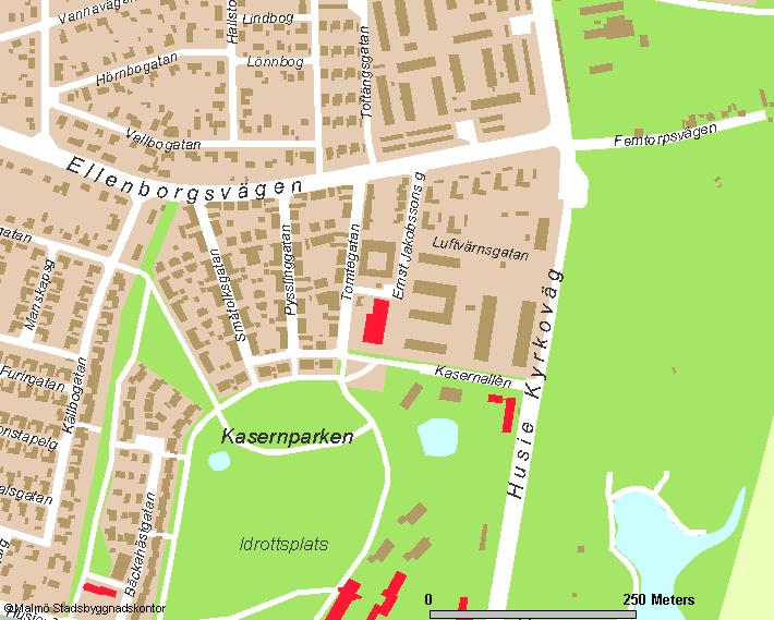 PLANDATA Planområdet är beläget i Husie och avgränsas i öster av Husie kyrkoväg, i söder av Luftvärnsgatan samt i norr och väster av fastigheten Luftvärnet 2 med sju bostadshus i två plan.