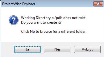 Sida 9 av 75 Första gången du loggar in i PDB, kommer du att få frågan om var ditt Working Directory ska skapas.