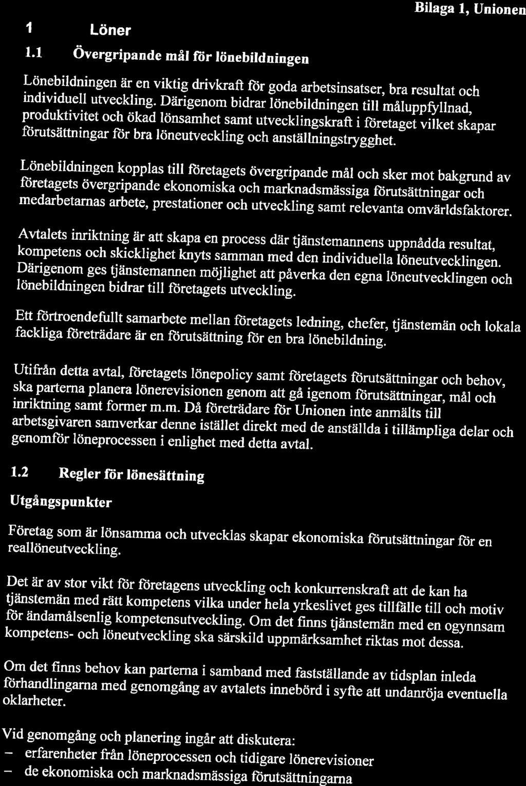 1 1 Löner Bilaga 1, Unionen 1.1 Övergripande mål för löneblidningen Lönebildningen är en viktig drivkraft för goda arbetsinsatser, bra resultat och individuell utveckling.