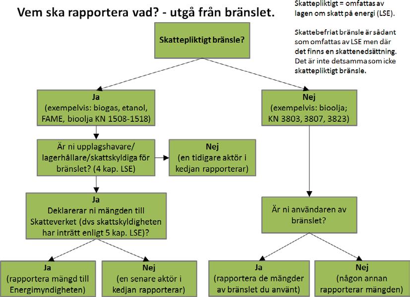 Figur 7 - Beslutsträd rapportering Utifrån avgränsningen ovan omfattar rapporteringen bara de mängder hållbart bränsle som aktören under rapporteringsåret: a) är skattskyldig för enligt 4 kap.