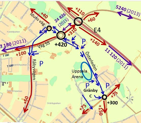 Trafikflöden PLANBESKRIVNING, LAGA KRAFT 2017-04-19 FÖRUTSÄTTNINGAR OCH FÖRÄNDRINGAR - Trafik och tillgänglighet, forts Det totala antalet fordonsrörelser som alstras av Uppsala Arena i närområdet