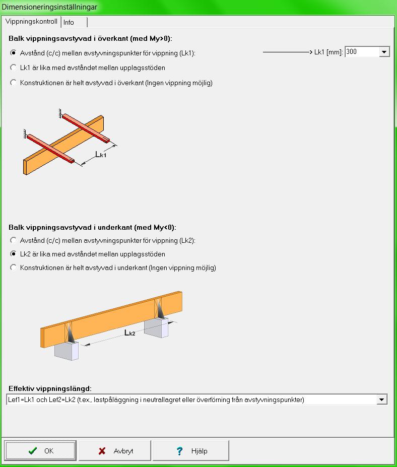 6.5 Inställningar för vippning Inställningarna för vippning i brottgränstillståndet definieras i fönstret Dimensioneringsinställningar som öppnas på indatamenyn DIMENSIONERING med knappen till höger