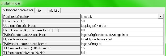 På första bladet visas alla parametrar som användaren kan variera och på bladet Info anges förklaringarna för dimensioneringen.