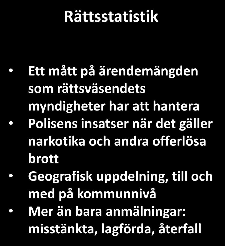 anmälningar: misstänkta, lagförda, återfall Statistiska undersökningar Omständigheter vid brottet, tex när och var,