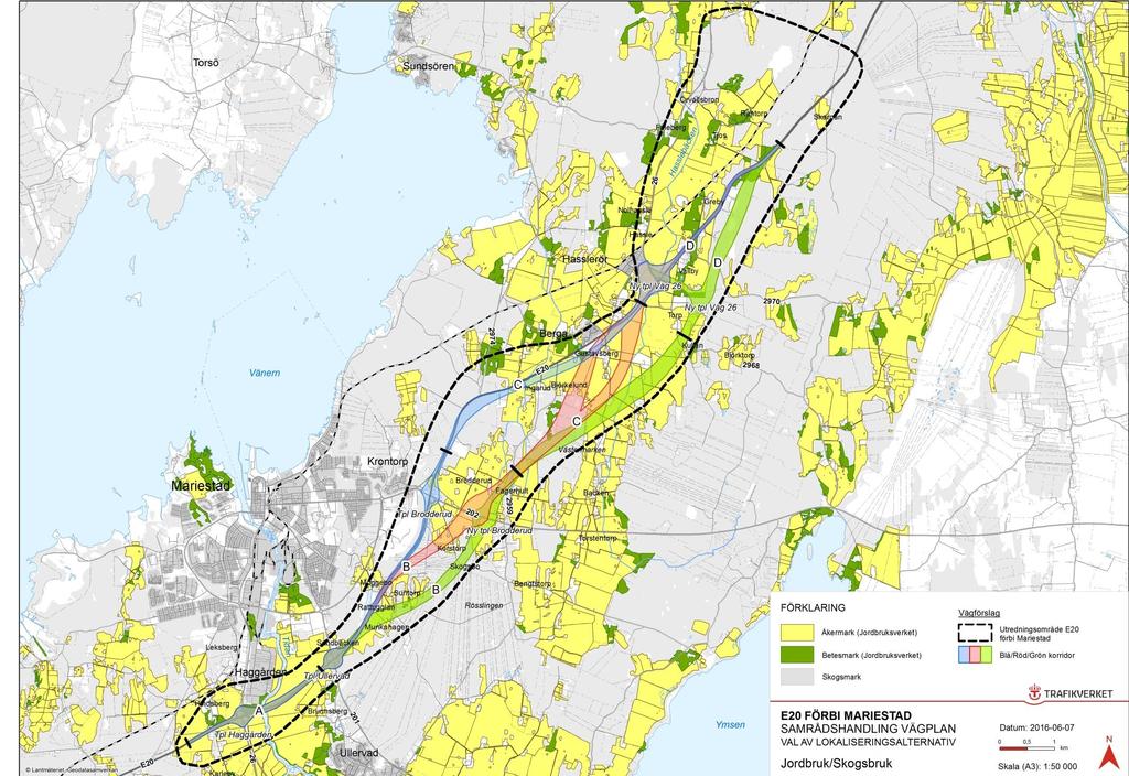 Effekter och konsekvenser Jord- och skogsbruk Blå korridor Små intrång i jordbruks- och skogmark Barriäreffekter uppstår- alla korsningar i plan tas bort.