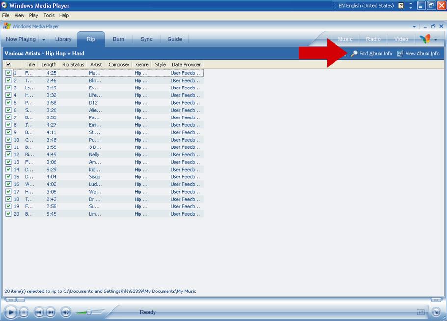 Rippa musik från en CD Om du vill överföra musik från en CD till din spelare så måste du först skapa en digital kopia i din dator. Detta kallas för att rippa. 1 Starta Windows Media Player.