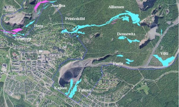 2 BAKGRUND 2.1 Malmberget Inom Malmbergsområdet finns över 20 malmkroppar varav LKAB i dagsläget (2015) bryter i ca tio av dessa. Se Figur 1 för malmkropparnas utbredning i Malmberget.