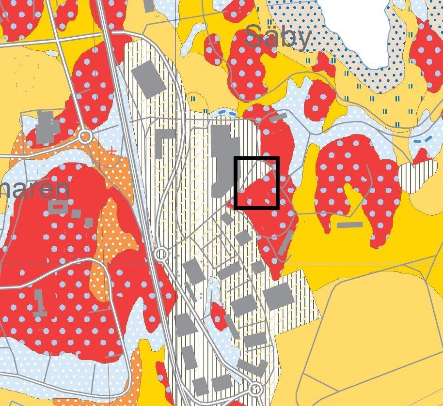 Området består enligt SGU:s jordartskarta av berg i dagen, berg med tunt eller osammanhängande lager av morän samt områden med fyllning, se figur 1. Figur 1. SGU:s jordartskarta över fastigheten. 6.