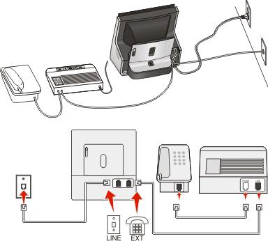 Lösning 2: Skrivaren delar linjen med en telefonsvarare Ansluten till samma telefonjack Så här gör du för att ansluta: 1 Anslut sladden från