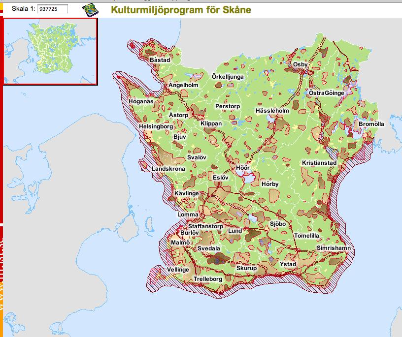 Genom att klicka på kartlänken uppe i högra hörnet på huvudsidan för kulturmiljöprogrammet kommer du till Länsstyrelsens karttjänst.
