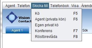 4.14 Menyraden Skicka till Skicka Till har fem val dit man kan skicka aktuellt samtal. Kö Agent (privata kön) Egen privat kö Transporterar samtalet till en annan kö.