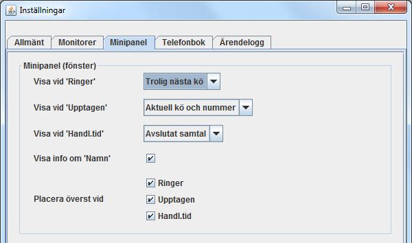 11.7 Monitorer - Datamonitor Här kan du justera inställningar för vad som skall visas i din Minipanel. Det första valet Visa vid ringer låter dig välja mellan Statusöversikt och Trolig nästa kö.