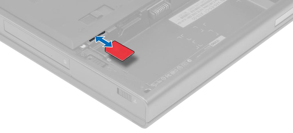 Installera batteriet 1. Skjut in batteriet i facket tills det klickar på plats. 2. Följ anvisningarna i När du har arbetat inuti datorn. Ta bort identitetskortet för mobilabonnemang (SIM-kort) 1.