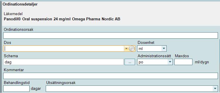 I aktuella ordinationer öppnas doseringshjälpen via ikon i ordinationsdetaljer För patienter <18 år måste det finnas registrerad vikt i mätvärde eller