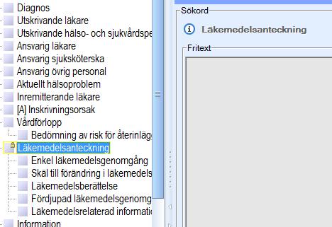 Figur 2 Enkel läkemedelsgenomgång Öppna önskad mall. Markera sökordet Enkel Läkemedelsgenomgång som hittas under det låsta rubriksökordet Läkemedelsanteckning se Figur 2.