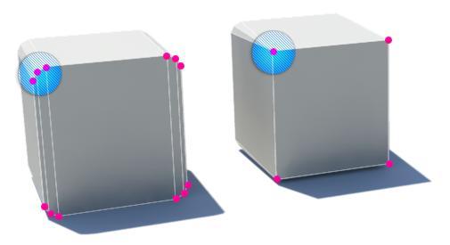Objektet i Figur 7 har vertexpunkter som är markerade, men dessa sammanfogas inte till en enda punkt utan endast till de närliggande vertexpunkter (som i Figur 7 befinner sig inom den blå arean).