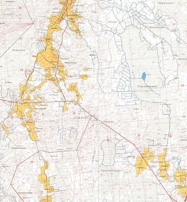 Keski-Pohjanmaan ArkeologiaPalvelu Takanebacken vindkraftsprojekt 8 Smeds, Malaxbygden. 1935, bilagekarta I. Projektområdet befinner sig mellan Björndahl och Rönnholm samt sjöarna öst om dem, dvs.