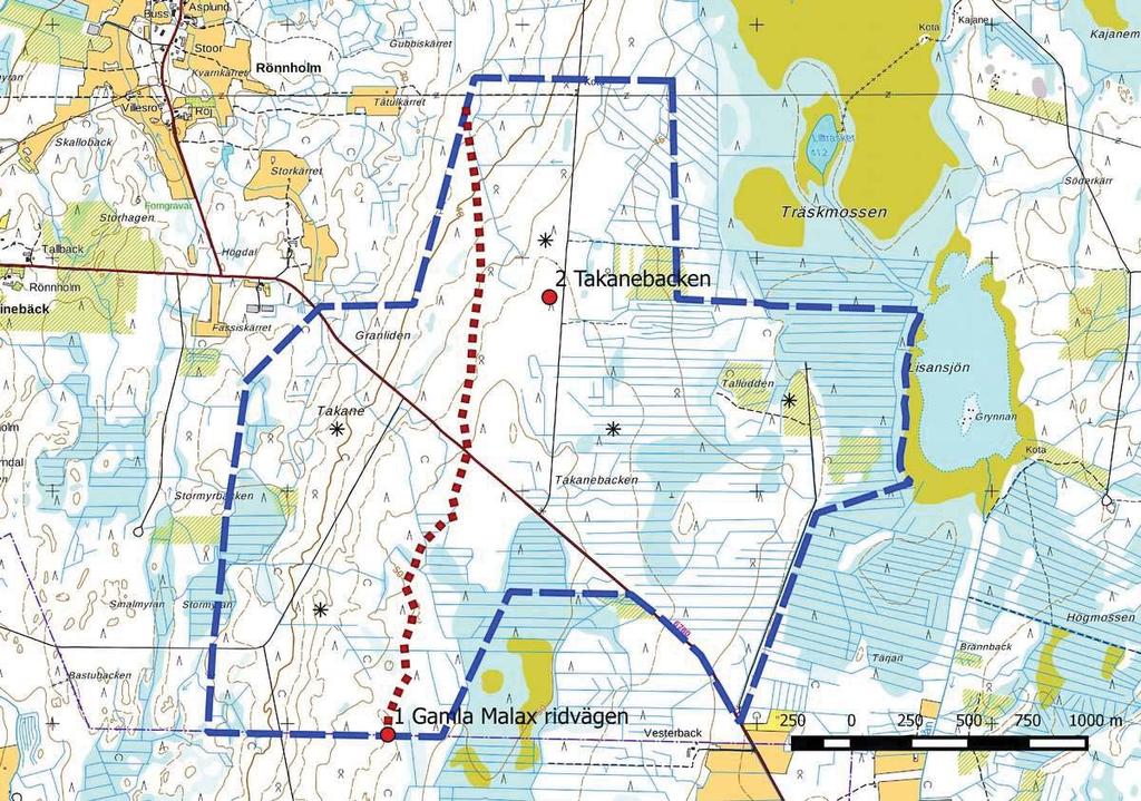Keski-Pohjanmaan ArkeologiaPalvelu Takanebacken vindkraftsprojekt 9 6. Generalkarta Objekt: 1. Gamla Malax ridväg 2. Takanebacken. Objektets koordinater som röd cirkel, ridvägens led som röd streckad linje.
