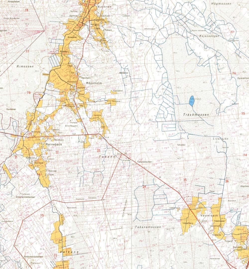 Keski-Pohjanmaan ArkeologiaPalvelu Malax 2017 13 Smeds, Malaxbygden. 1935, bilagekarta I. Projektområdet befinner sig mellan Björndahl och Rönnholm samt sjöarna öst om dem, dvs.