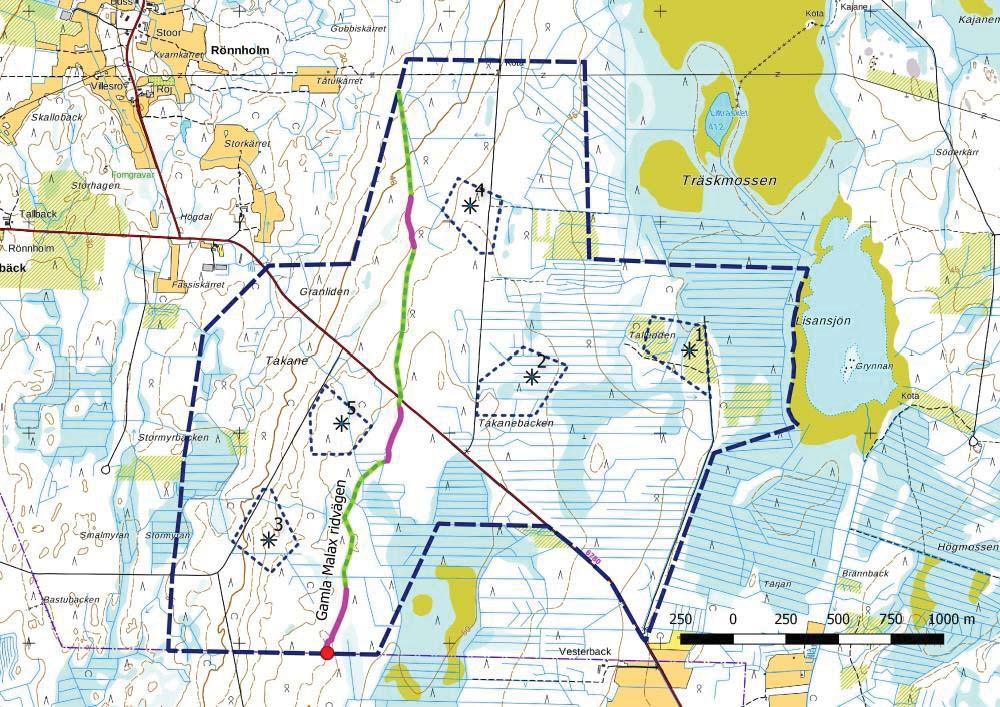 Keski-Pohjanmaan ArkeologiaPalvelu Malax 2017 14 6. Generalkarta Gamla Malax ridvägens led utmärkt med grön linje. Den del av leden som granskades i terrängen är markerad med violett linje.