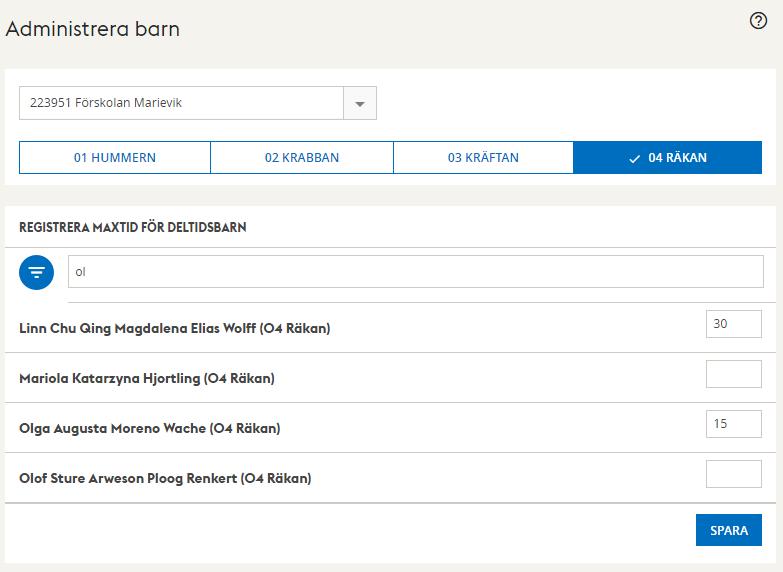 Vald avdelning visas med en bock framför avdelningens namn och bakgrunden blir blå. Önskas en vy med flera avdelningar markerar du berörda avdelningar genom att klicka på avdelningarnas namn.