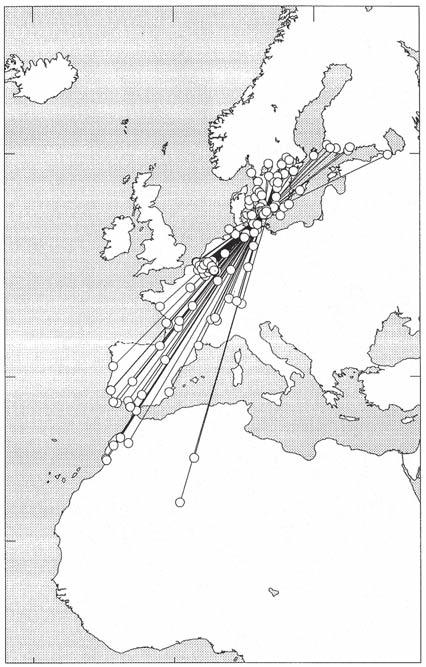 Each circle represents one or more recovered birds.