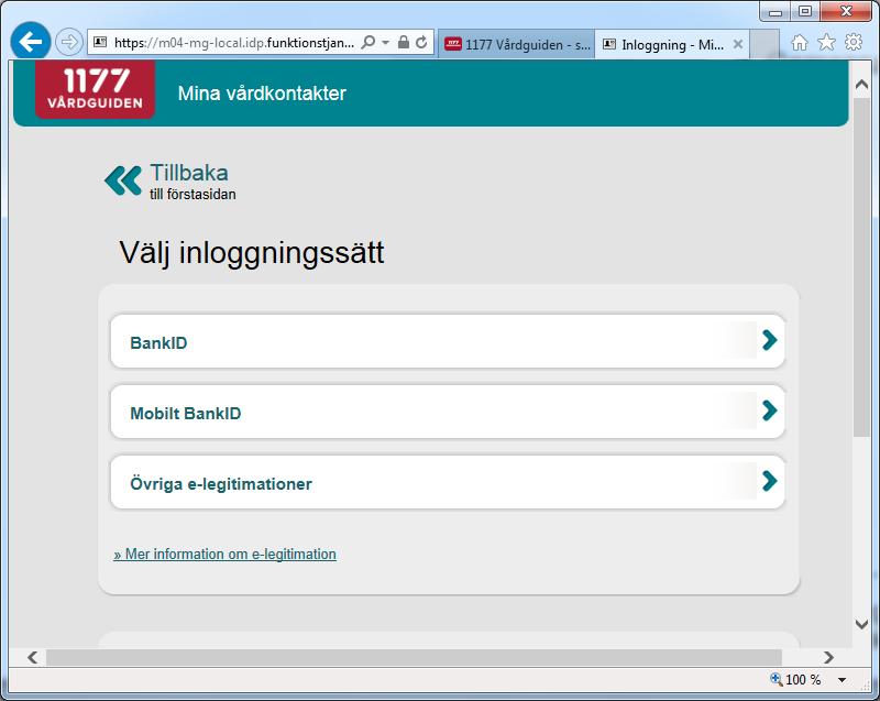 Uthoppsfunktion 3. Invånaren väljer om hon vill logga in med e-legitimation eller med lösenord och sms-kod.