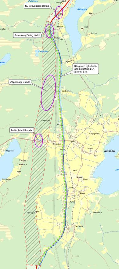 Ny sträckning Norra Harmånger till Bäling i norr. Planskild trafikplats vid Bergsjövägen (väg 307).