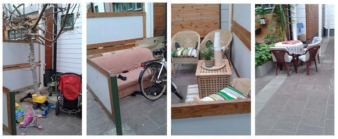 De flesta lägenheter på nedre plan har en tillhörande uteplats i glasgatan.