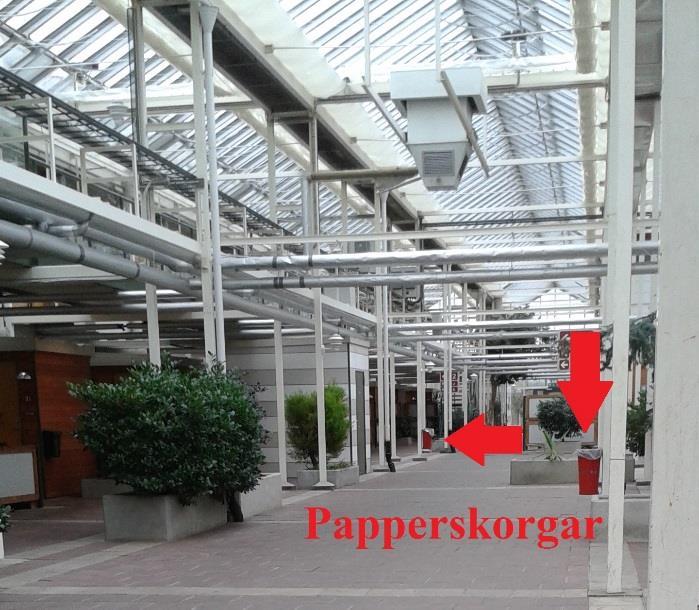 Figur 8. Översiktsbild av glasgatan med markerade papperskorgar (Lundberg, 2016). B.