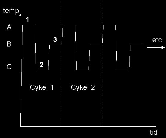 Fråga 7. a) För att köra en PCR krävs flera komponenter. Beskriv vilka dessa komponenter är samt deras funktion vid PCRen (2p). b) I diagrammet bredvid visas en schematisk PCRreaktion.