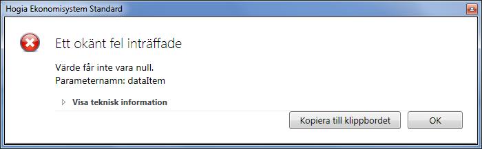 8. Ett okänt fel inträffade, värde får inte vara null. Kunden kommer in i nya grundboken men kan inte söka fram kunder eller leverantörer.