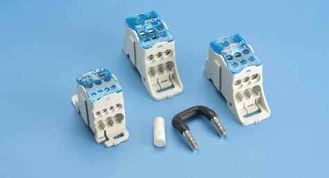Enpoliga distributionsblock UD 80 A UDJ 125 A FSJ UDJ 160 A Möjligt att okulärt inspektera anslutningarna Halogenfri Beröringsskyddad IP 20 95% utfyllnad Självslocknande: UL94 V-0 Förtent