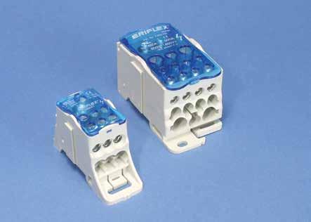 Enpoliga distributionsblock UDF 250A UDF 500A Anslutning med ERIFLEX FLEXIBAR Möjligt att okulärt inspektera anslutningarna Halogenfri Beröringsskyddad IP 20 95% utfyllnad Förtent kopparblock,