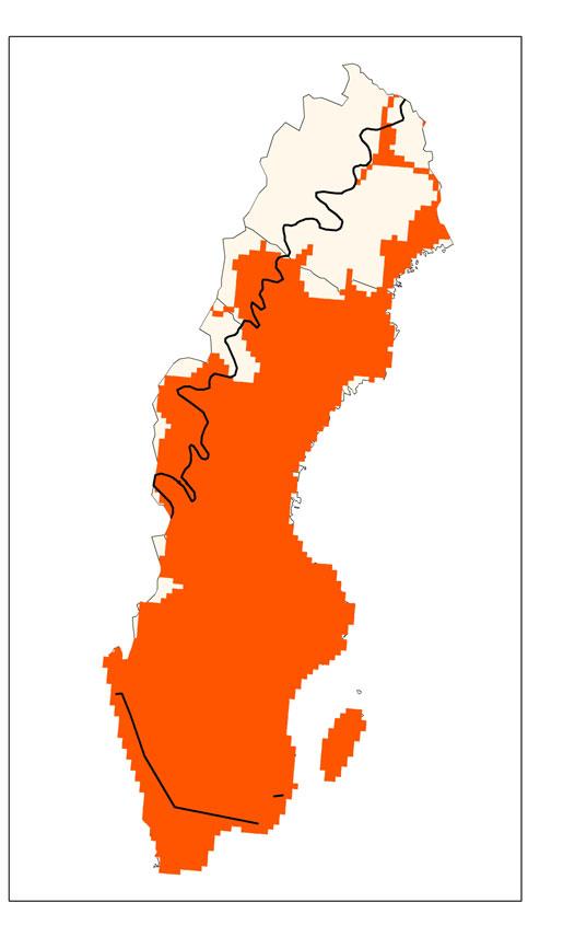 Figur 1. Svenskt utbredningsområde (till vänster) och förekomstareal (till höger). Förutsättningar för bevarande Länk: Gemensam text (förutsättningar för bevarande) http://www.naturvardsverket.