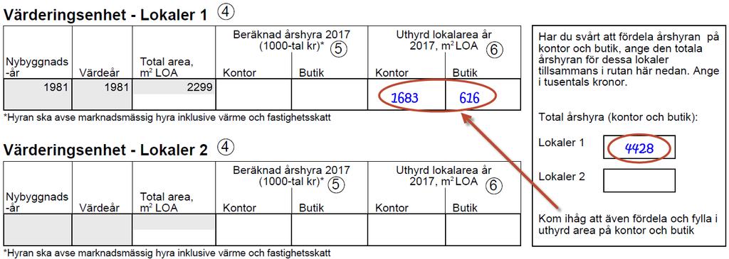 Jag saknar uppgifter om hur den totala årshyran är fördelad på byggnaden olika lokaltyper (kontor och butik). Hur ska jag fylla i blanketten?