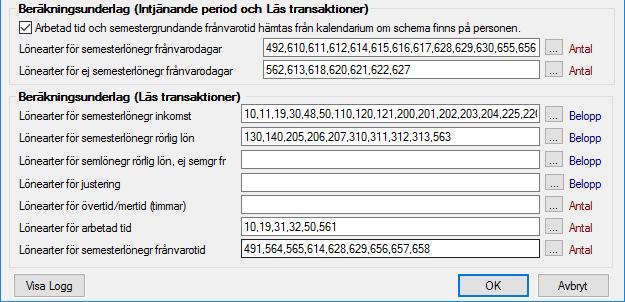 eventuell frånvaro, det vill sägas med lönearter för semesterlönegrundande respektive ej semesterlönegrundande frånvarodagar.