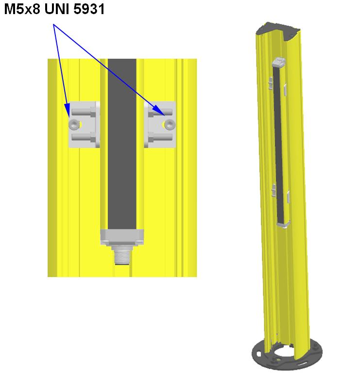 För att justera produktens position på pelaren lossar du M5x8 UNI 5931-skruvarna något. Du når skruvarna från utsidan med hjälp av en speciell insexnyckel.