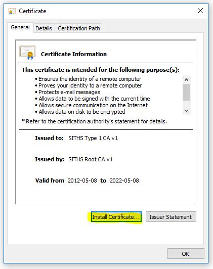 Fortsätt därefter med att ladda ner och installera SITHS Type 1 (Produktion, för SITHS-kort) till datorns Intermediate Certification Authorities (Mellanliggande certifikatutfärdare).