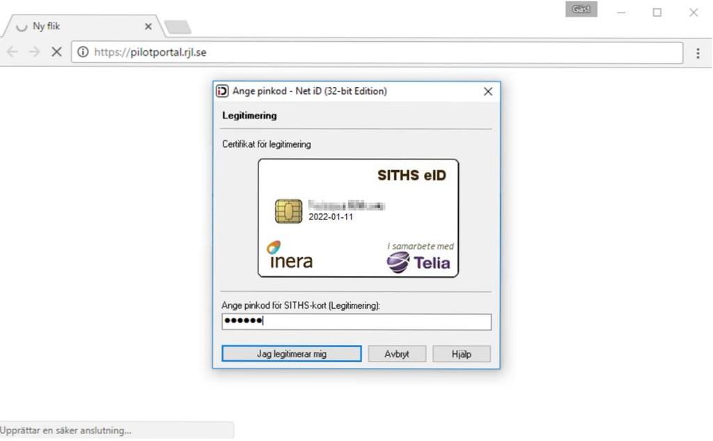 En dialogruta för programmet Net ID visas. Ange din PIN-kod till SITHS-kortet för legitimering. Sidan för portalen visas (se bild nedan).
