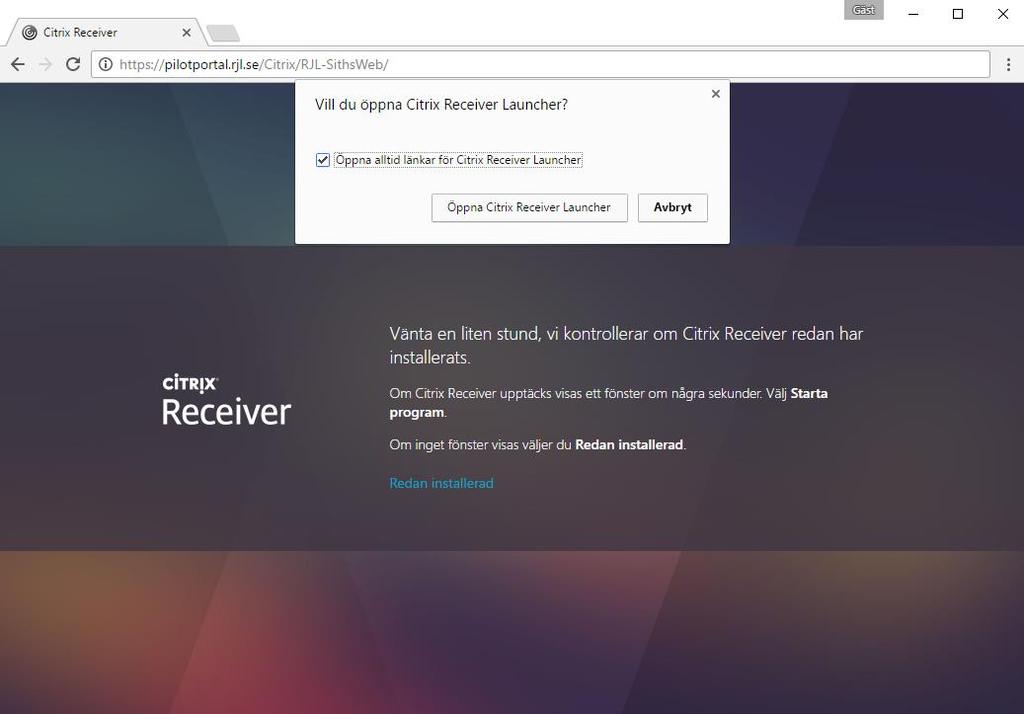 Välj att öppna i Citrix Receiver Launcher Följande sida visas.