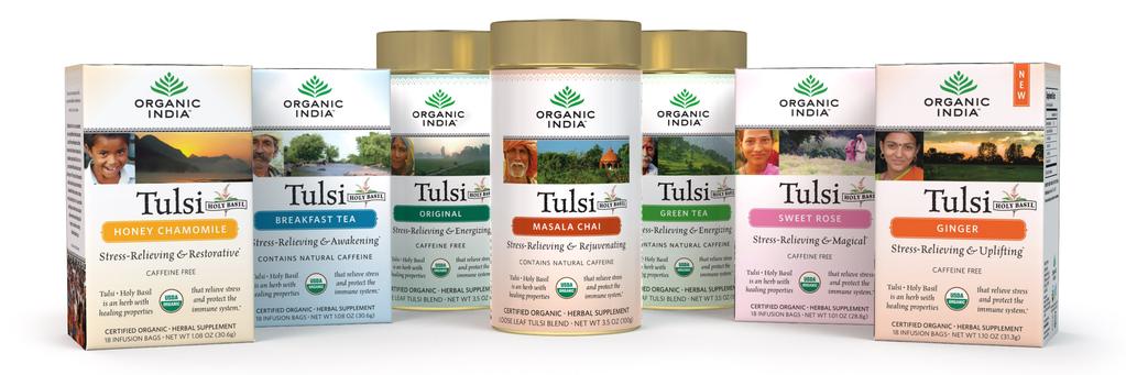 Certifieringar: Lös- te: 100g, metallburk Tulsi Green Tea Tulsi Ginger- Lemon Tulsi Masala Chai Tulsi Original Presentlåda tepåsar: 60st, träkista Kosttillskott, 90 kapslar, glasburkar