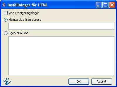 6.6 HTML 6.6.1 Användningsområde HTML-modulen kan användas för att lägga till egen HTML-kod direkt på webbplatsen. Man kan också infoga hela webbsidor från andra webbplatser. 6.6.2 Inställningar för