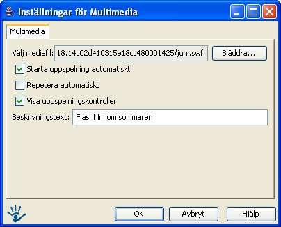 6.9 Multimedia 6.9.1 Användningsområde Multimediamodulen används för att visa multimedia som tex Flash, Streaming video osv på webbsidan. Multimediamodulen stödjer formaten.avi,.asf,.mp4,.mov,.ram,.