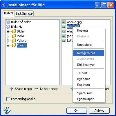 3.2.3 Redigera bild Om man högerklickar på den bild man vill redigera i bildlistan så får man upp en snabbmeny.