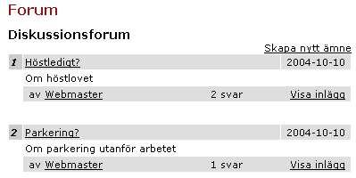 När man klickar på Visa inlägg, visas inläggen som finns i det ämnet: Här kan man svara på ett inlägg genom att