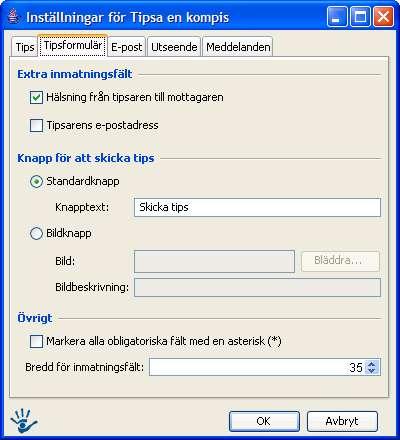 Det går också att ställa in formatmall för länken. Fliken Tipsformulär Extra inmatningsfält: Här kan man välja om man vill ha med fält för sin egen e-postadress samt en hälsning till sin kompis.