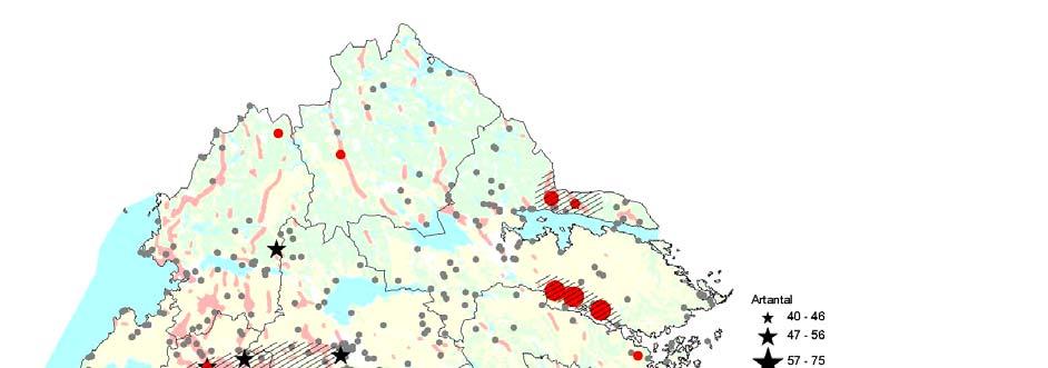 Utifrån antal arter och antal rödlistade arter på olika lokaler framträder vissa särskilt naturvårdsintressanta områden i länet (Figur 7). Dessa områden presenteras närmare nedan.